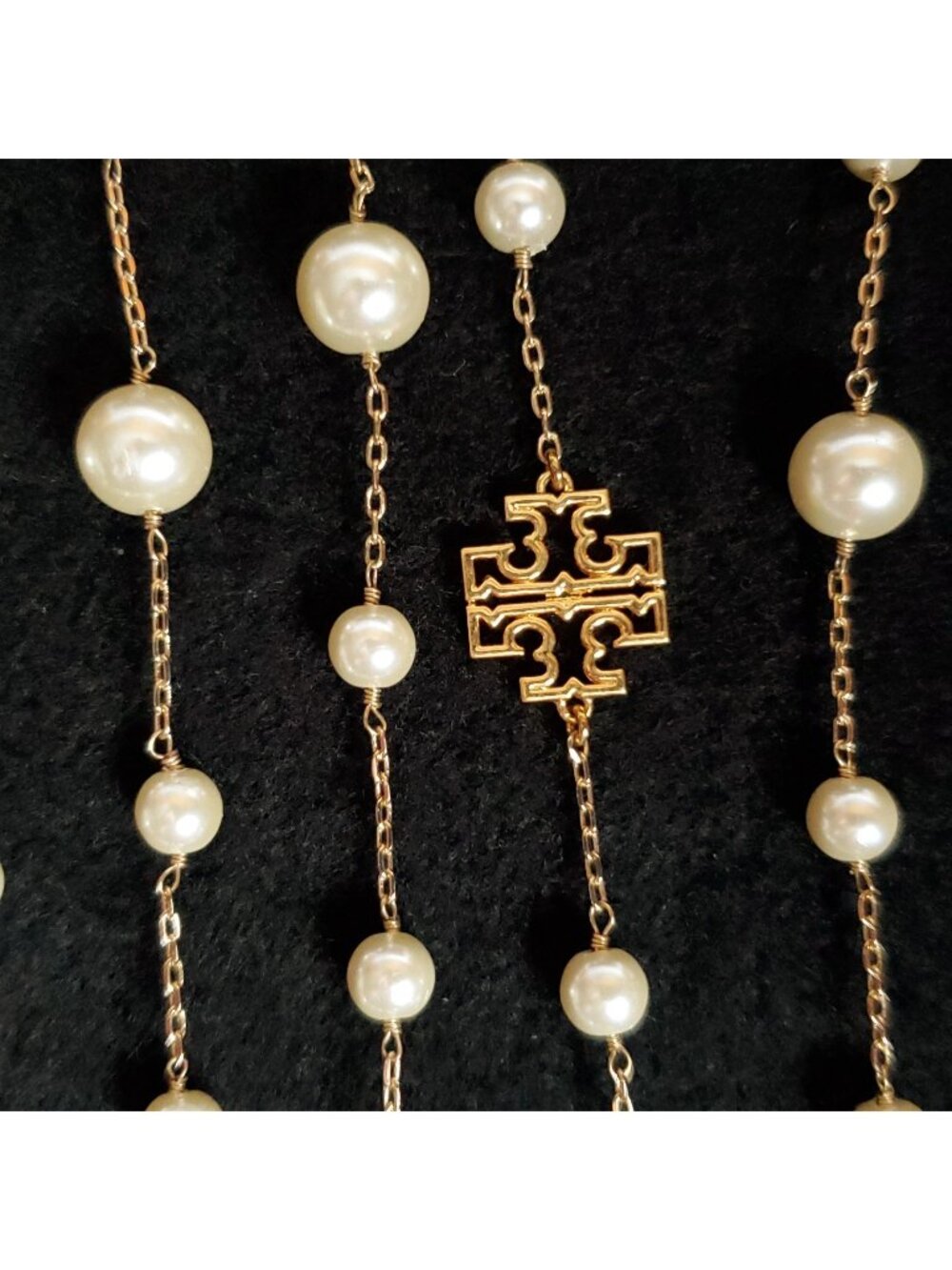 Tory Burch Necklace Faux Pearl Gold Tone Station Long 46"